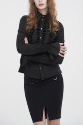 Chemise gothique noire à col montant à volants et manches longues pour femme